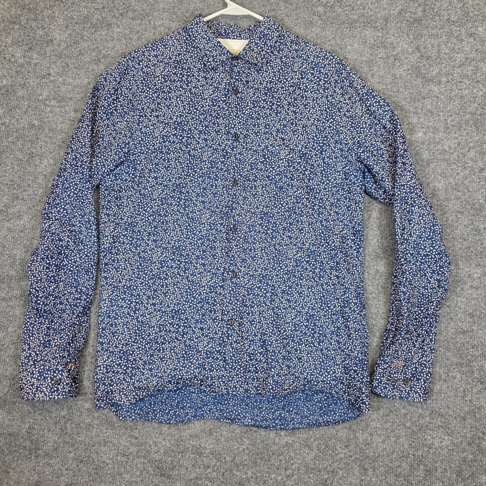 Nudie Jeans Co Henry Shirt Mens Medium Blue Printed Linen Long Sleeve Button Up